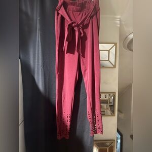 Red Tie-Waist Pants with Cutout Hem